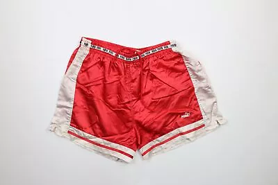 Vintage 90s Puma Mens Size Large Spell Out Lined Silky Nylon Soccer Shorts Red • $49.45