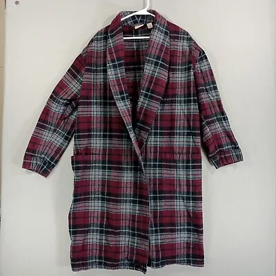 LL Bean Robe Mens M Red Plad Flannel Pockets No Belt • $20.16