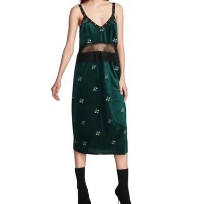 Zara Trafaluc NWOT Green Velvet Embroidered Lace Midriff Midi Dress Size M • $38.99