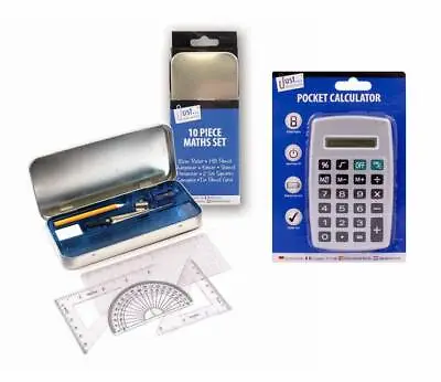 Back To School Maths Set Kit Calculator Protractor Square Ruler Eraser Compass • £6.24