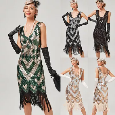 1920S VINTAGE GATSBY CHARLESTON SEQUINS FRINGED FLAPPER Womens SUMMER DRESS SIZE • £25.19