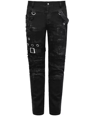 Punk Rave Mens Dieselpunk Jeans Pants Black Shredded Goth Punk Bondage Trousers • £64.99