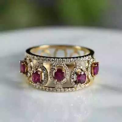 2Ct Oval Cut Lab Created Ruby Band Ring Halo 14K Yellow Gold Plated • $180