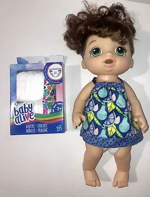 Baby Alive Sweet Spoonful Girl Brown Hair Blue Eyes Fruit Dress New Box Diapers • $10.50
