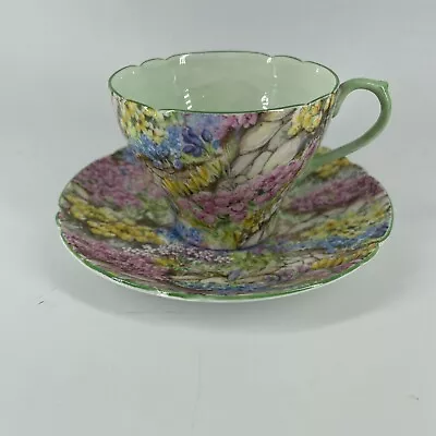 ROCK GARDEN Floral Chinz TEA CUP SAUCER  Light Green SHELLEY ENGLAND Bone China • $27