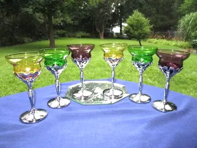 Art Deco Cambridge 6 Colored Cocktail Wine Glasses Farberware Chrome Holders • $60