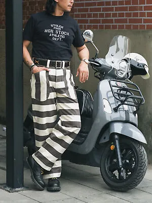 NON STOCK Men's Amekaji Prisoner Striped Pants Motorcycle Biker Casual Trousers • $79.98