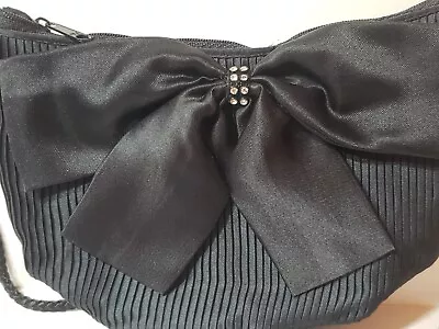 MAGID Pleated Black Clutch Purse Evening Bag  Rhinestone & Bow • $5.25