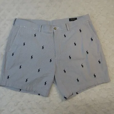 Polo Ralph Lauren Shorts Mens 38 Blue Stripe Classic Fit 9  Allover Pony Print • $21.99