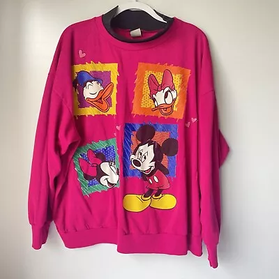 Vintage Mickey Minnie Donald Daisy Hot Pink Sweater Oversized XXL Disney • $35