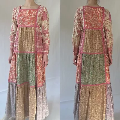 Vintage 70s Bill Atkinson Cotton Patchwork MAXI Dress S/M • $198