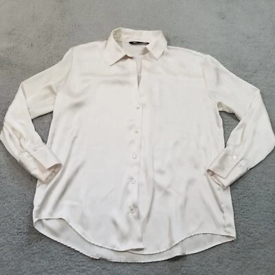 $12.80 • Buy Zara Top Womens Medium Light Tan Satin Shiny Button Up Long Sleeve Blouse