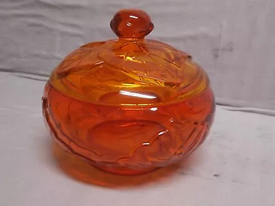 Vintage Viking Glass Covered Candy Trinket Dish Orange Persimmon Cabbage Leaf • $24.99