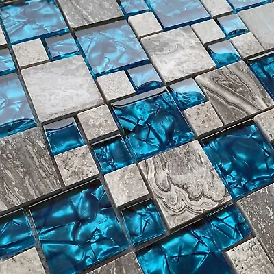 Gray And Teal Backsplash Tile Polished Stone & Glass Mosaic Floor & Wall Tiles • $14.95
