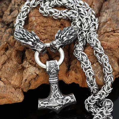 Nordic Viking Stainless Steel Dragon Wolf &Thor Hammer Mjolnir Pendant Necklace • $9.99