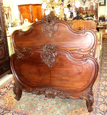 Exquisite French Antique Carved  Louis XV Mahogany Queen Size Bed W. Rails • $4000