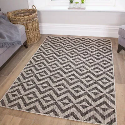 Dark Grey Chevron Flatweave Rugs Washable Indoor Outdoor Geometric Zig Zag Rug • £24.95