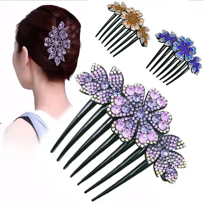 Vintage Crystal Flower Hair Comb Clip Hair Maker Bun Combs Rhinestone Hairpins • $9.86