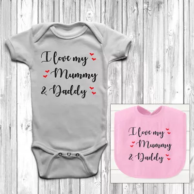 I Love My Mummy And Daddy Baby Grow Body Suit Vest Cute Bib 0-18 Months Newborn • £7.45