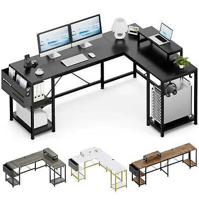 L Shaped Desk 95  Reversible Corner Computer Desk With Shelves Home Office Lot • $119.99