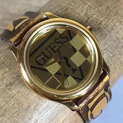 Vintage 1993 Guess Mens Gold Tone Quartz Analog Leather Band Watch • $24.95