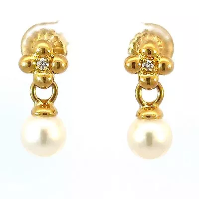 Mikimoto 18K Yellow Gold Diamond & Pearl Drop Earrings • $895