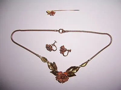 Vintage Krementz Set Of Floral NecklaceScrew Back Earrings And Stick Pin-U.S.A. • $29.99