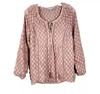 Daniel Rainn M Dusty Pink Mauve Clip Dot Tie Neck Blouse Top Long Sleeve • $12.86