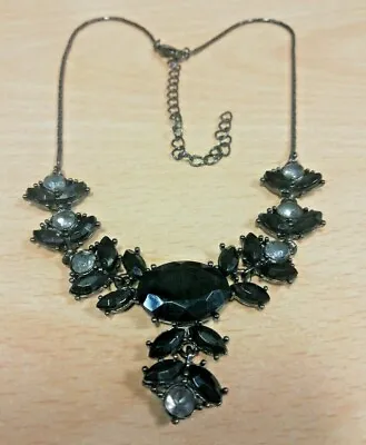 Vintage Black Chain & Black Glass Bead Bib Pendant Necklace W8 • £11.95