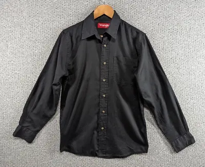 WRANGLER Men's Solid Black Woven Long Sleeve Work Casual Button Shirt - S • £9.50