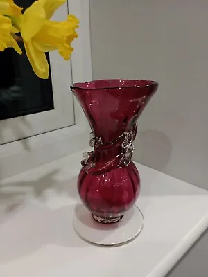 Beautiful Bohemian Hand Blown Cranberry Glass Vase 20cm Tall Possibly Romanian? • £14.99