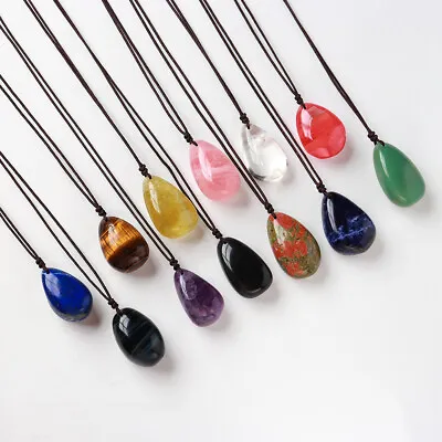 Natural Crystal Gemstone Water Drop Oval Pendant Necklace Jewelry Energy Healing • $4.99