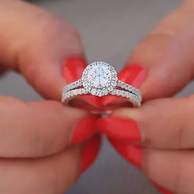 2.5ctw Halo Engagement Ring Matching Wedding Band Bridal Set 925 Sterling Silver • $178