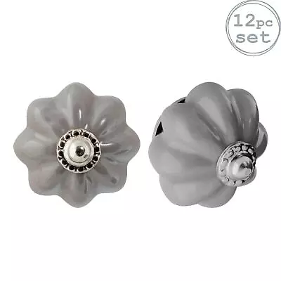 £16.99 • Buy 12x Floral Ceramic Cabinet Knobs Vintage Cupboard Door Drawer Handles Grey