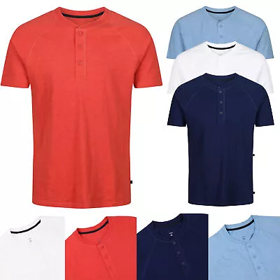 Mens T-Shirt Short Sleeve Henley Grandad Collar Tee Plain Casual Button Top New • £6.98