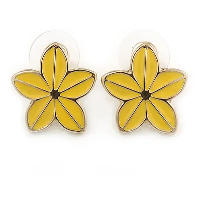 Yellow Enamel Daisy Floral Stud Earrings In Gold Tone Metal - 20mm D • £14