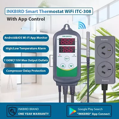 $55.99 • Buy Inkbird WIFI Temperature Controller Thermostat ITC-308WiFi Heat Cool 240V AU Pin