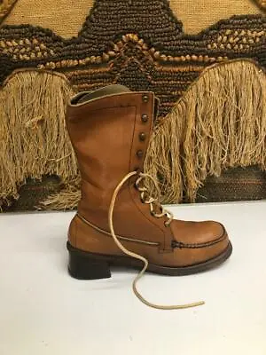Vintage Womens Brown Leather Lace Up Mid Calf Boot Sz 8.5 M  214355 • $99.99
