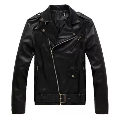 Black Mens Punk PU Leather Coat Slim Fit Biker Motorcycle Jacket Zipper Outwear • $27.94