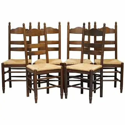 Lovely Suite Of Six Circa 1940 Dutch Ladder Back Oak Rush Seat Dining Chairs 6 • $1849.73