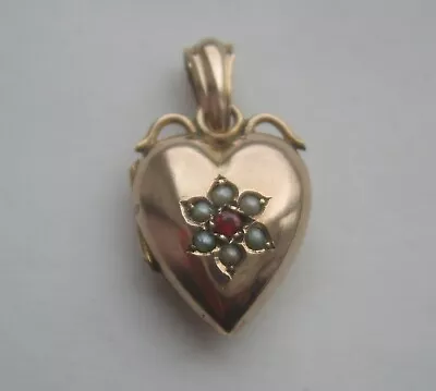 Antique Edwardian 9ct Gold Ruby & Seed Pearl Puffy Heart Charm Pendant Locket • £160