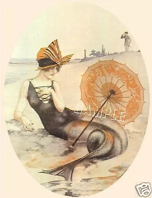 Vintage Antique Era Art Deco Mermaid Beach Parasol Fantasy *canvas* Art Print • $29.60
