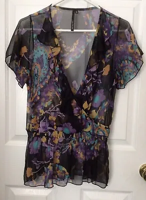 Kay Celine Top Lightweight Sheer Black Purple Tunic Size Small Short Sleeves • $12