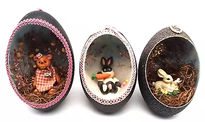 LOT Of 3 VTG Diorama Eggs Handmade Real Emu Eggshell Easter Bunny Ornaments Bear • $36