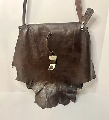 Brown Leather Satchel Sling Bag Boho Grunge Messenger Shoulder Envelop Bag • $73