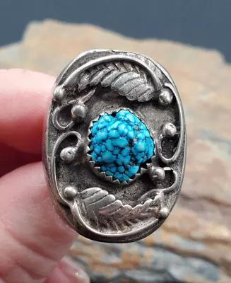 Vintage Old Pawn Navajo Kingman Turquoise Nickel Silver Mens Ring Sz 8.5 VIDEO • $127.50