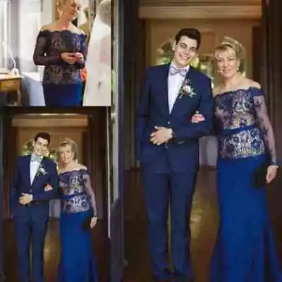 Modest Long Sleeve Mother Of The Bride Dress Off The Shoulder Royal Blue Lace • $135.69