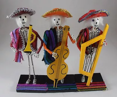 3 Mexico Day Of The Dead Skeleton Figurines Folk Art Artist Signed Mariachi Band • $29.95