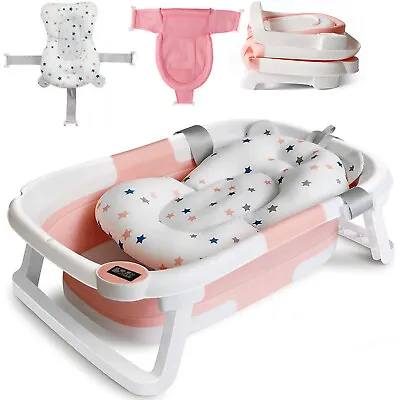 Foldable Baby Bathtub Pillow Cushion Support Bath Net With Temperature Sensor • £30.98