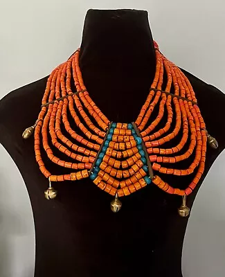 Naga Nagaland Antique Wedding Necklace Coral Glass Beads Orange Teal Blue & Bell • $465